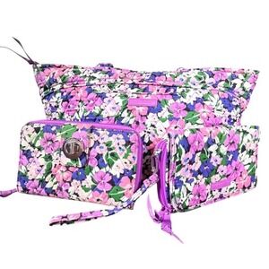 Vera Bradley 3 Piece Set Floral Quilted Tote Bag Wallet and Wristlet Purple Pink